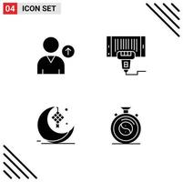 Mobile Interface Solid Glyph Set of 4 Pictograms of avatar cresent barcode scan ribbon Editable Vector Design Elements