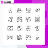 16 User Interface Outline Pack of modern Signs and Symbols of heart think pool team idea Editable Vector Design Elements