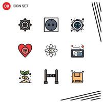 Pictogram Set of 9 Simple Filledline Flat Colors of laboratory chemistry worldwide atom heart Editable Vector Design Elements