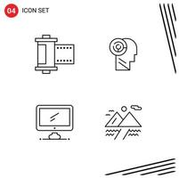 4 Creative Icons Modern Signs and Symbols of camera monitor roll mind imac Editable Vector Design Elements