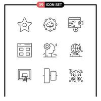 User Interface Pack of 9 Basic Outlines of globe business wallet gear user Editable Vector Design Elements