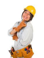 Hispanic Female Contractor Wearing Goggles, Hard Hat and Goggles Isolated on White Background photo