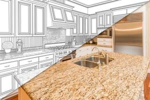 Diagonal Split Screen Of Drawing and Photo of New Kitchen