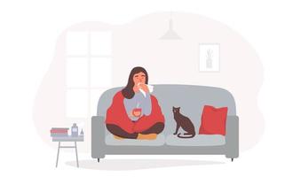 The girl is sitting at home in quarantine, sick, sneezing with a handkerchief. A woman is being treated for a cold, drinks medicine, warms up with a hot drink. Vector graphics.