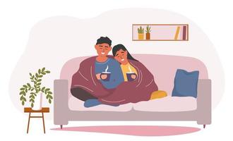 The couple is sitting on the sofa under blanket with a hot drink in their hands. A guy and a girl are resting at home, warming up with tea and coffee. Vector graphics.