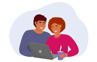 A guy and a girl are sitting in front of a laptop, working, studying, communicating online. Students at the computer. Vector graphics.