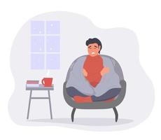 The guy is sitting at home in quarantine, sick, sneezing. A man is being treated for a cold, drinks medicine, warms up with a hot drink. Vector graphics.