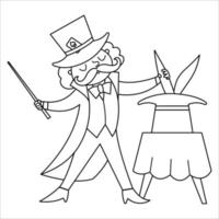 Vector magician line icon. Circus artist outline clipart. Amusement holiday black and white man showing trick with rabbit. Cute funny festival juggler coloring page. Street show wizard illustration