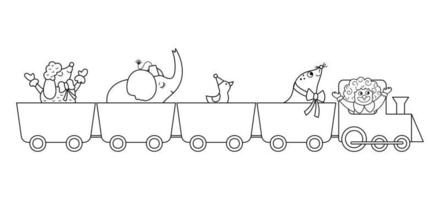 Vector black and white train with circus animals and clown. Amusement holiday line icon. Cute funny festival locomotive with characters. Street show comedians coloring page with elephant