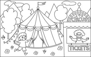 escena vectorial en blanco y negro con marquesina de circo, niño corriendo a la taquilla con payaso. fondo de línea de espectáculo callejero. linda ilustración festiva. parque de atracciones página para colorear vector