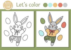 Easter coloring page for children. Funny bunny with colored eggs. Vector holiday outline illustration with cute traditional animal. Adorable spring color book for kids with colored example