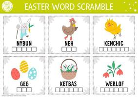 Vector Easter word scramble activity page. English language game with bunny, hen, chicken, Easter eggs, basket for kids. Spring holiday family quiz. Simple educational printable worksheet.