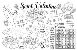 Vector Saint Valentine placemat for kids. Love holiday printable activity mat with maze, tic tac toe charts, connect the dots, find difference. Black and white play mat or coloring page