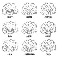 Vector black and white set with clown faces showing feelings and emotions. Circus line artists avatars clipart. Amusement heads icons. Festival characters coloring page. Street show comedians