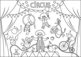 Vector black and white circus stage with curtains, artists, clown, animals. Street show scene with cute characters. Line festival background. Holiday event or entertainment show coloring page