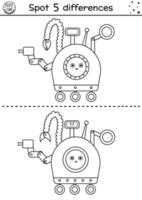 Space black and white find differences game for children. Astronomy educational activity with funny moon rover. Printable worksheet with transport. Cute coloring page with space technic vector