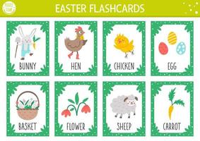 Vector Easter flash cards set. English language game with cute bunny, hen, chicken, Easter eggs for kids. Spring holiday flashcards with funny characters. Simple educational printable worksheet.
