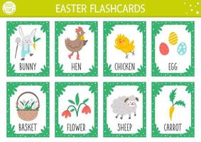 Vector Easter flash cards set. English language game with cute bunny, hen, chicken, Easter eggs for kids. Spring holiday flashcards with funny characters. Simple educational printable worksheet.