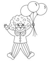 icono de línea de payaso vectorial. clipart de artista de circo en blanco y negro. hombre de vacaciones de diversión volando en un montón de globos. Linda página para colorear de personajes divertidos del festival. ilustración de comediante de espectáculo callejero vector