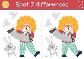 Circus find differences game for children. Educational activity with clown playing harmonica. Amusement show puzzle for kids with funny artist. Festival printable worksheet or page vector