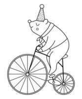 Black and white bear riding a bike. Vector circus animal. Amusement holiday line icon. Cute funny festival character outline clip art. Street show comedian illustration or coloring page