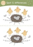 Easter find differences game for children. Holiday activity page with funny chicks, nest, willow twigs and eggs. Printable worksheet with cute happy farm birds. Spring puzzle for kids vector