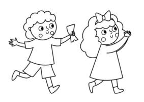 Vector black and white running little boy with ticket in hand and girl clapping hands. Outline kids looking forward to see show or play. Spectators line icon or coloring page