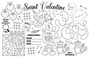 Vector Saint Valentine placemat for kids. Love holiday printable activity mat with maze, tic tac toe charts, connect the dots, find difference. Black and white play mat or coloring page