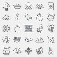 conjunto de iconos de elementos de celebración del año nuevo chino. iconos en estilo de línea. bueno para impresiones, carteles, logotipos, decoración de fiestas, tarjetas de felicitación, etc. vector