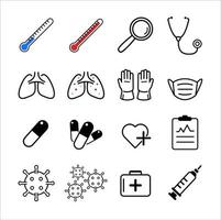conjunto de vectores de iconos médicos. conjunto con termómetro, lupa, pulmones, guantes, máscara, pastillas, corazón, portapapeles, virus, maleta y jeringa.