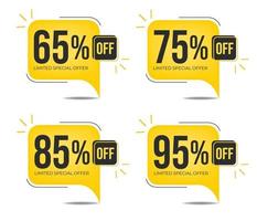 65 off, 75 off, 85 off and 95 off. Set of tag discounts. Banner with four yellow square balloons with special offers vector. vector