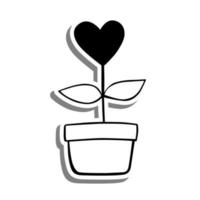 Monochrome Heart flower in pot on white silhouette and gray shadow. Vector illustration Valentine Theme for decoration or any design.