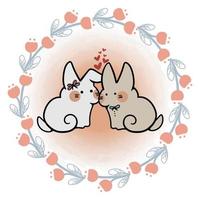 pareja de conejo con corona floral redonda romántica para la celebración del día de san valentín gráficos vectoriales 01 vector