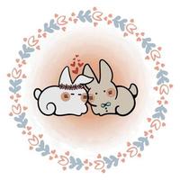 Couple Rabbit with Floral Round Wreath Romantic for Valentines Day Celebration Vector Graphics 05