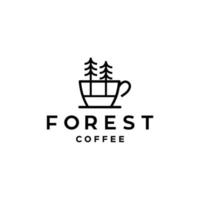 diseño de ilustración de arte de línea de icono de taza de café y árboles. concepto de logotipo de bosque de café vector