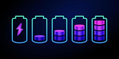 Set of 3d style battery charge level indicators. realistic battery progress vector set illustration. Discharged and various level energy alkaline batteries infographic set