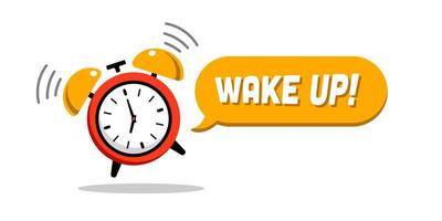 Wake up design with red and yellow alarm clock. Good morning, alarm clock ringing. Alarm Clock, bell. Loud signal to wake in the morning from bed. Getting up in the morning vector