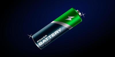 realistic 3d battery vector design illustration. 3d Li-Ion AA battery realistic image in dark blue background. Banner advertisement design for battery product.