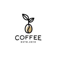 coffee bean with plant branch hipster minimal logo vector with leaf simple line outline icon for cafe