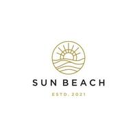 elegante hipster oro sol puesta de sol amanecer con playa océano mar agua logo icono vector en línea de moda lineal, contorno logo vector para hotel