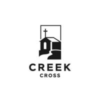 hill and river creek with holy christian cross logo, church of Catholic in nature landscape illustration vector