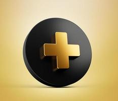 3d Gold and black circle with plus on the white background. 3d illustration photo