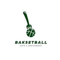 logotipo del restaurante de baloncesto con plantilla de icono de baloncesto y tenedor en color verde vector