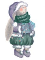 New Year and Christmas rabbit girl with toy and noel tree branch on transparent background. Festive Xmas object. Great for holiday poster, greeting card, flyer, social net post, story, reel. png