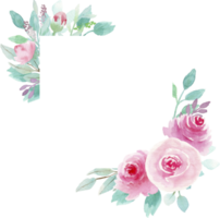 dibujo a mano ilustración botánica. marco de primavera floral con rosas rosadas, hojas de menta y ramas. elementos de diseño. perfecto para invitaciones de boda, tarjetas de felicitación, impresiones, empaques, carteles y más png