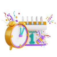 Calendario y reloj de año nuevo de ilustración 3d png