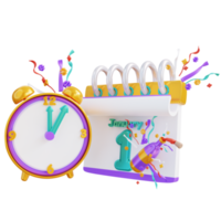 Calendario y reloj de año nuevo de ilustración 3d png