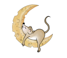 Cute, little, fat brown doodle cartoon mouse character is sleeping on the haft cheese moon. Isolate watercolor image.