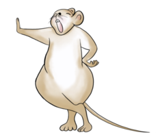 Cute tall brown doodle cartoon mouse character stand yawns sleepily. Isolate image. png