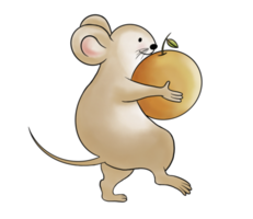 Cute light brown doodle cartoon mouse character is holding a big orange. Isolate image. png